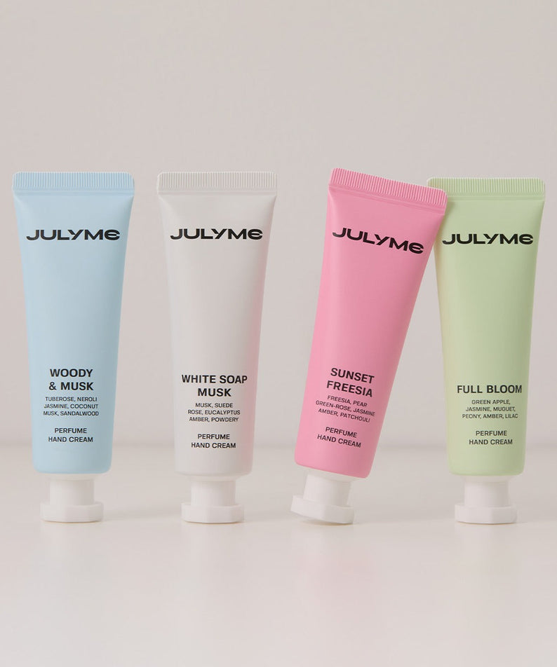 Gamme de crèmes pour les mains JULYME Perfume Shea Butter Hand Cream 30ml en différentes fragrances sur fond blanc.