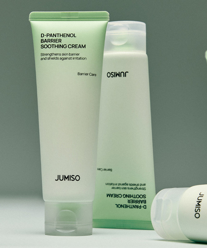 Crème apaisante barrières JUMISO D-Panthenol sur fond vert.