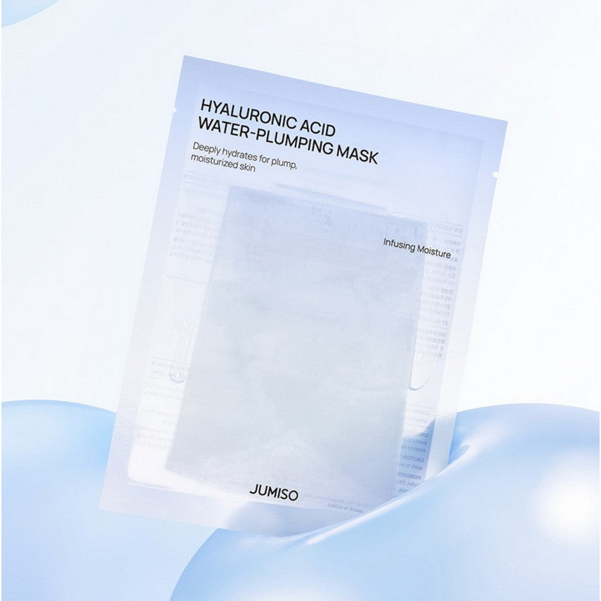 Masque hydratant JUMISO Hyaluronic Acid Water Plumping Moisture Mask 27ml en sachet, sur fond bleu, pour soin visage.