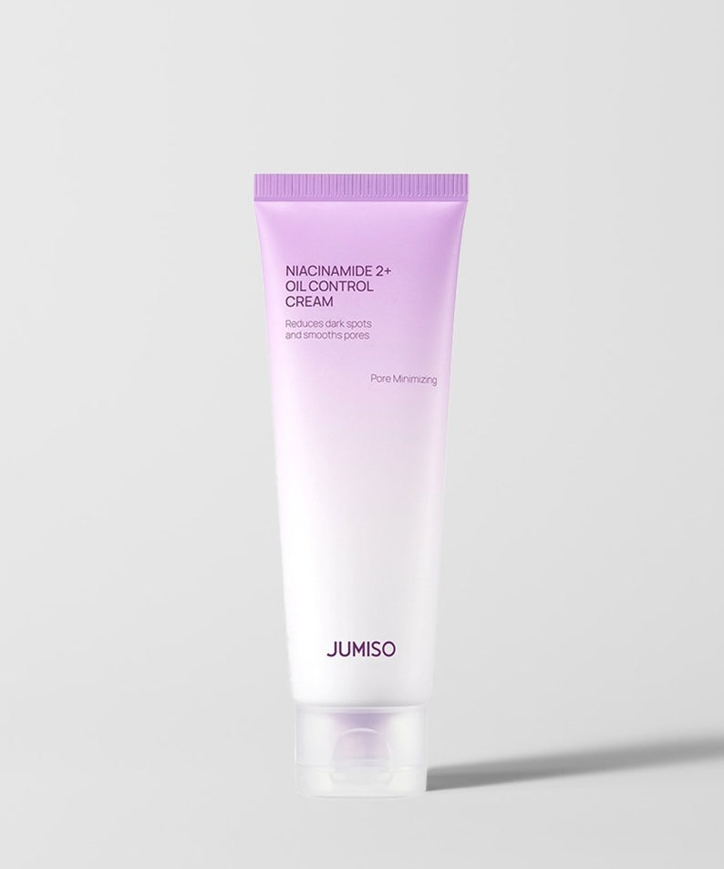 Décris l'image en français : JUMISO  Niacinamide 2 Plus Oil Control Cream 80ml, tube violet sur fond clair, marque JUMISO.