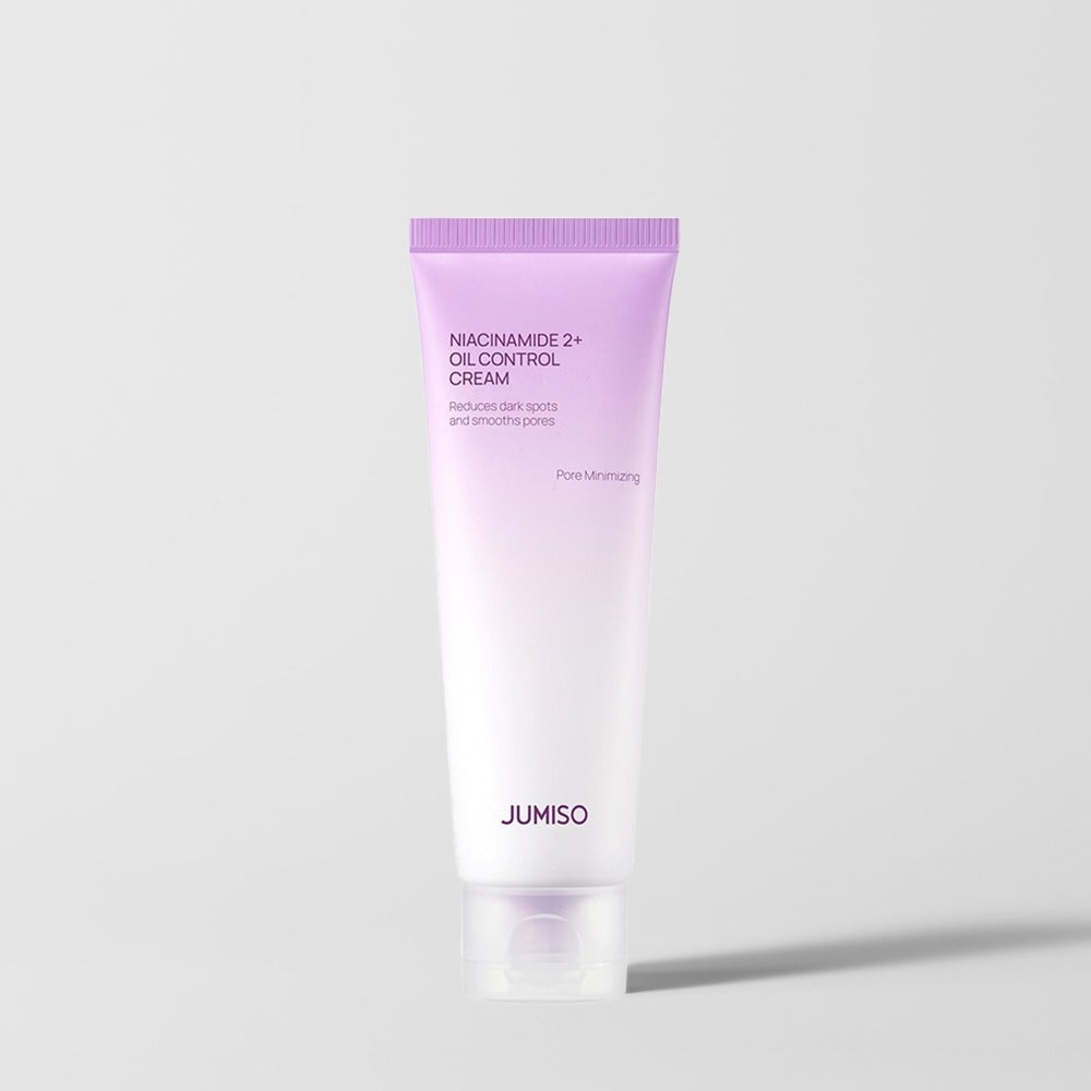 Décris l'image en français : JUMISO  Niacinamide 2 Plus Oil Control Cream 80ml, tube violet sur fond clair, marque JUMISO.