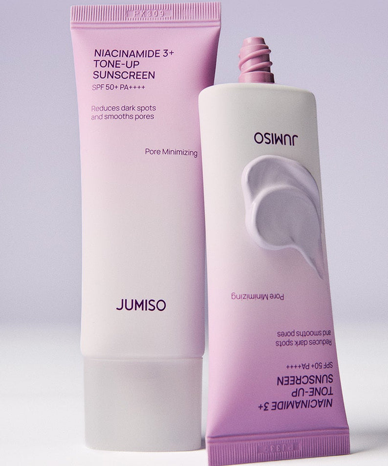 JUMISO  Niacinamide 3 Plus Tone-Up Sunscreen 40ml : crème solaire rose, tubes JUMISO sur fond clair, vue produit