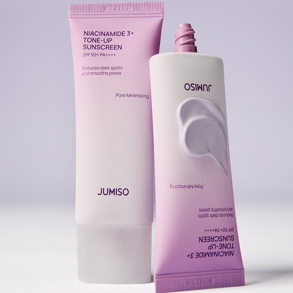 JUMISO  Niacinamide 3 Plus Tone-Up Sunscreen 40ml : crème solaire rose, tubes JUMISO sur fond clair, vue produit