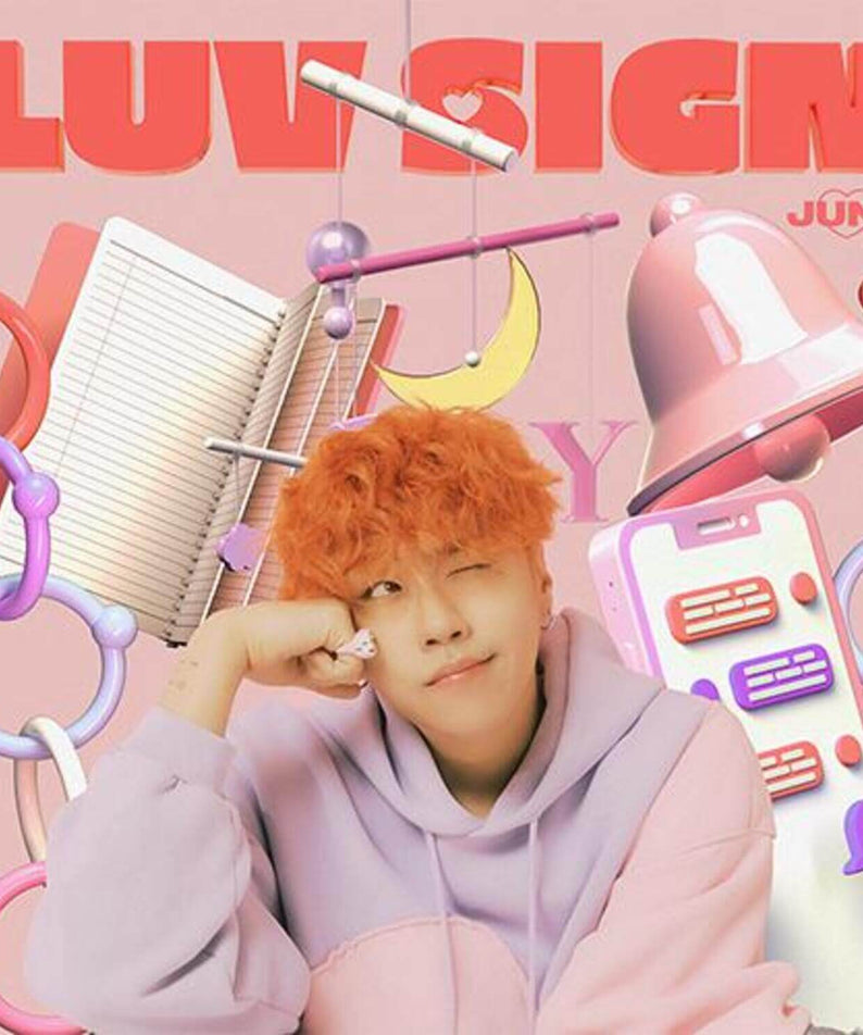 JUNE - [LUV SIGN] (EP) - Album Kpop JUNE, visuel violet/rose avec fanart, instruments et bulles, pochette du EP