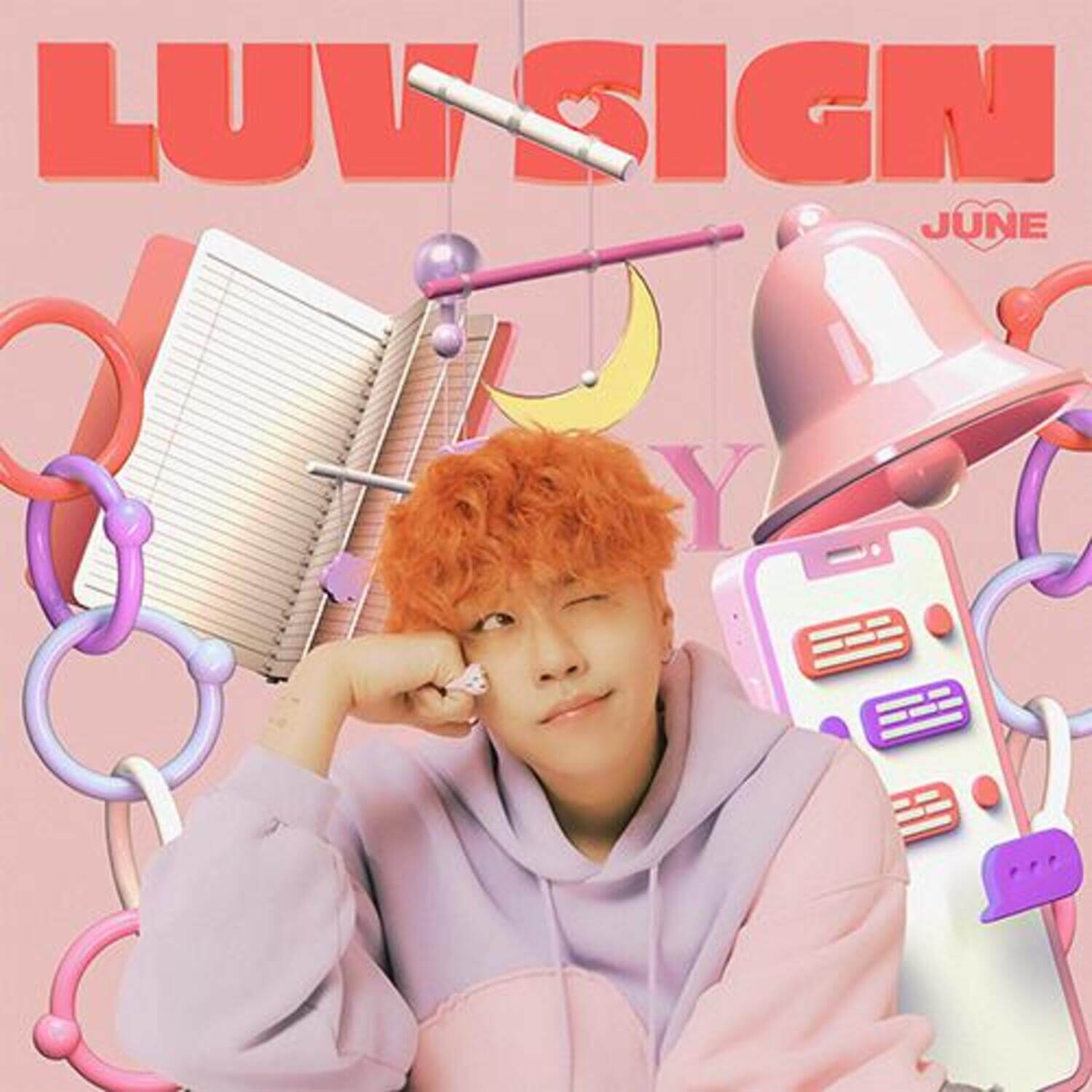 JUNE - [LUV SIGN] (EP) - Album Kpop JUNE, visuel violet/rose avec fanart, instruments et bulles, pochette du EP