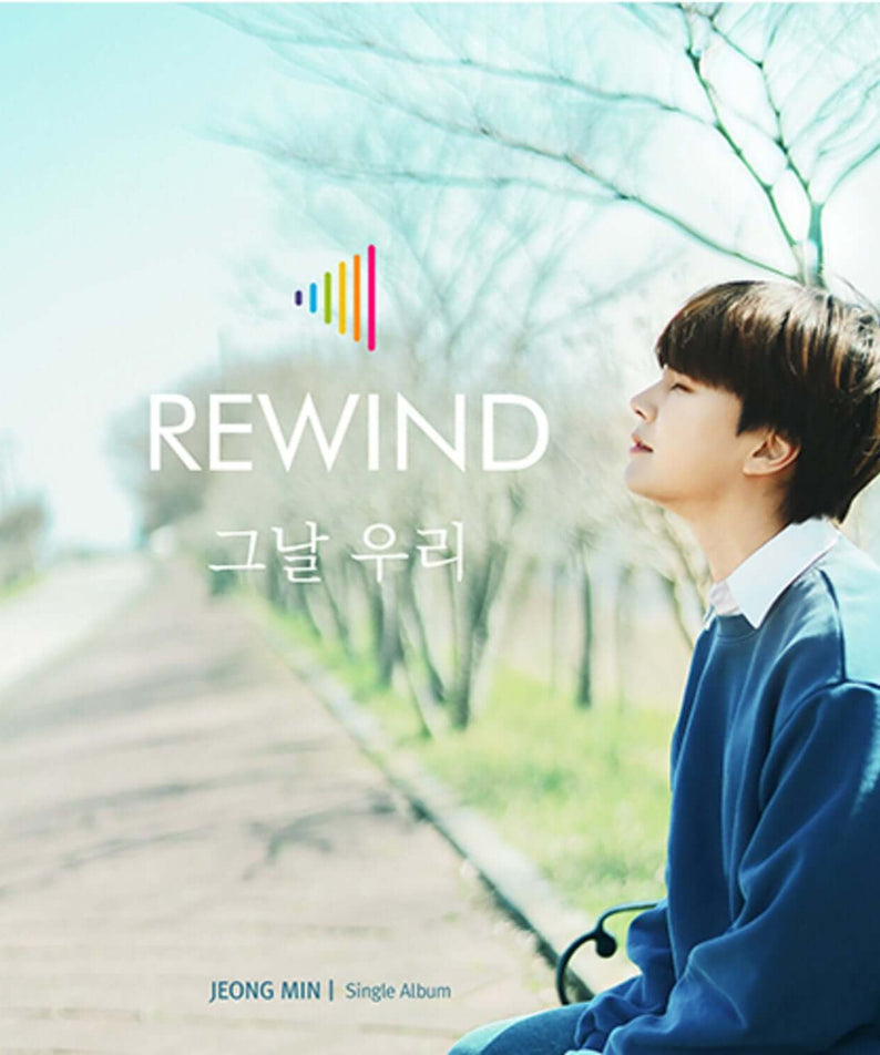 JUNGMIN - 4th Album [REWIND] - Album Kpop : couverture avec JUNGMIN assis, ambiance nature, branding REWIND