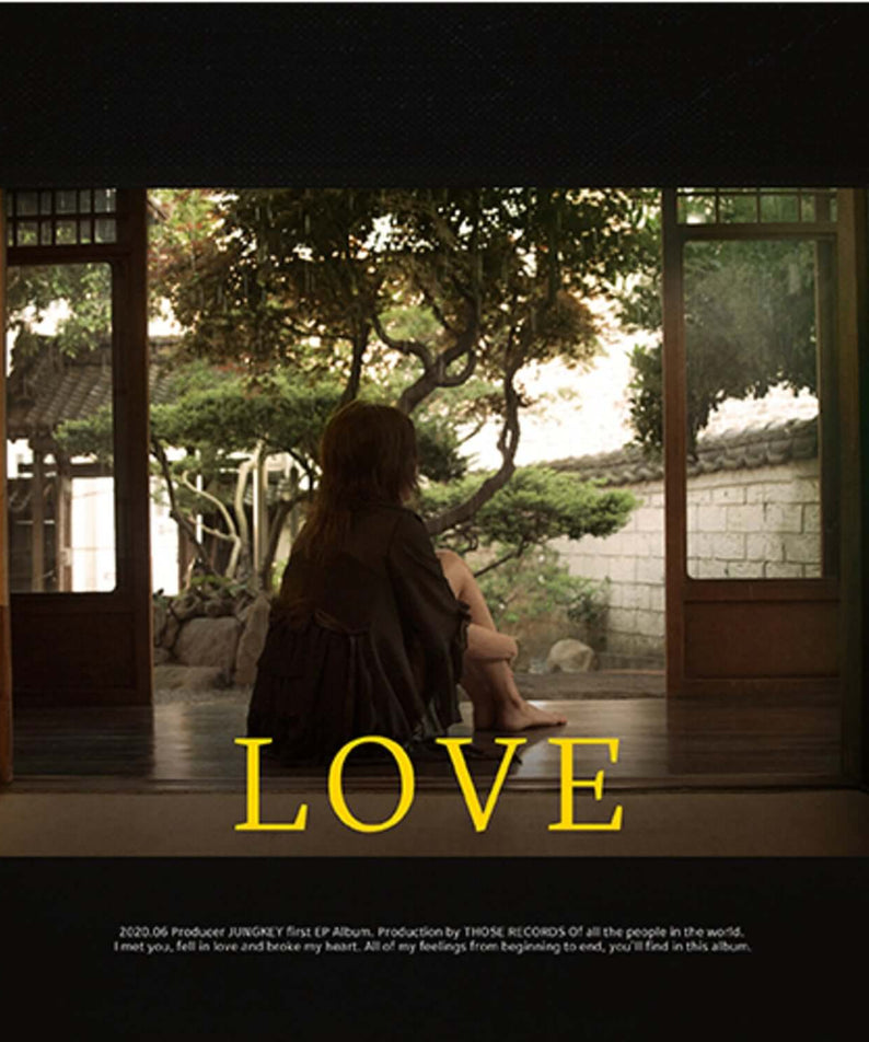 JUNKIE - EP [LOVE] - Album Kpop par JUNKIE, visuel LOVE sur pochette avec ambiance jardin et porte ouverte