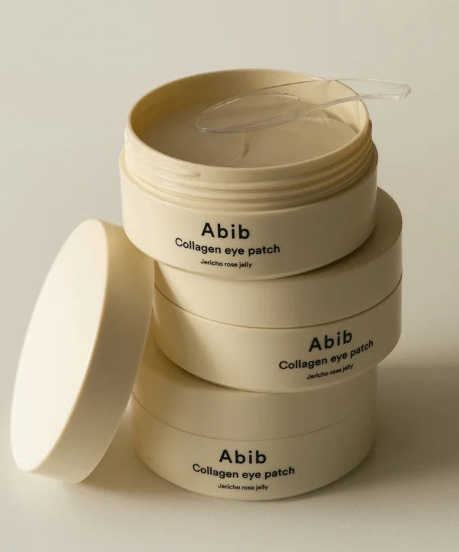 ABIB Collagen Eye Patch Jericho Rose Jelly 90g, pots ABIB sur fond clair, patchs collagène déliquescents visibles.