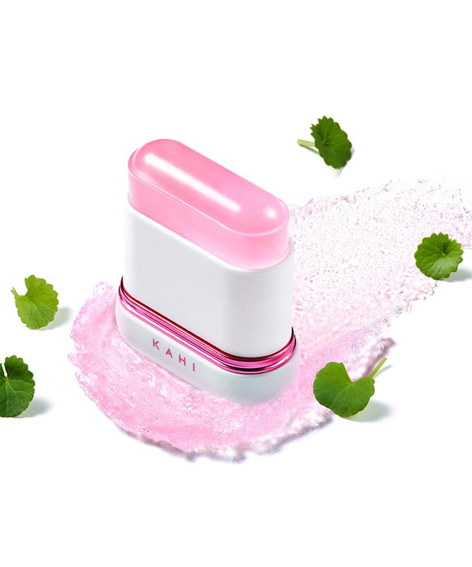 Bâton solaire KAHI Velvet Glow Sun Stick 13.5g, présentation du produit avec texture veloutée et détails rose et vert.