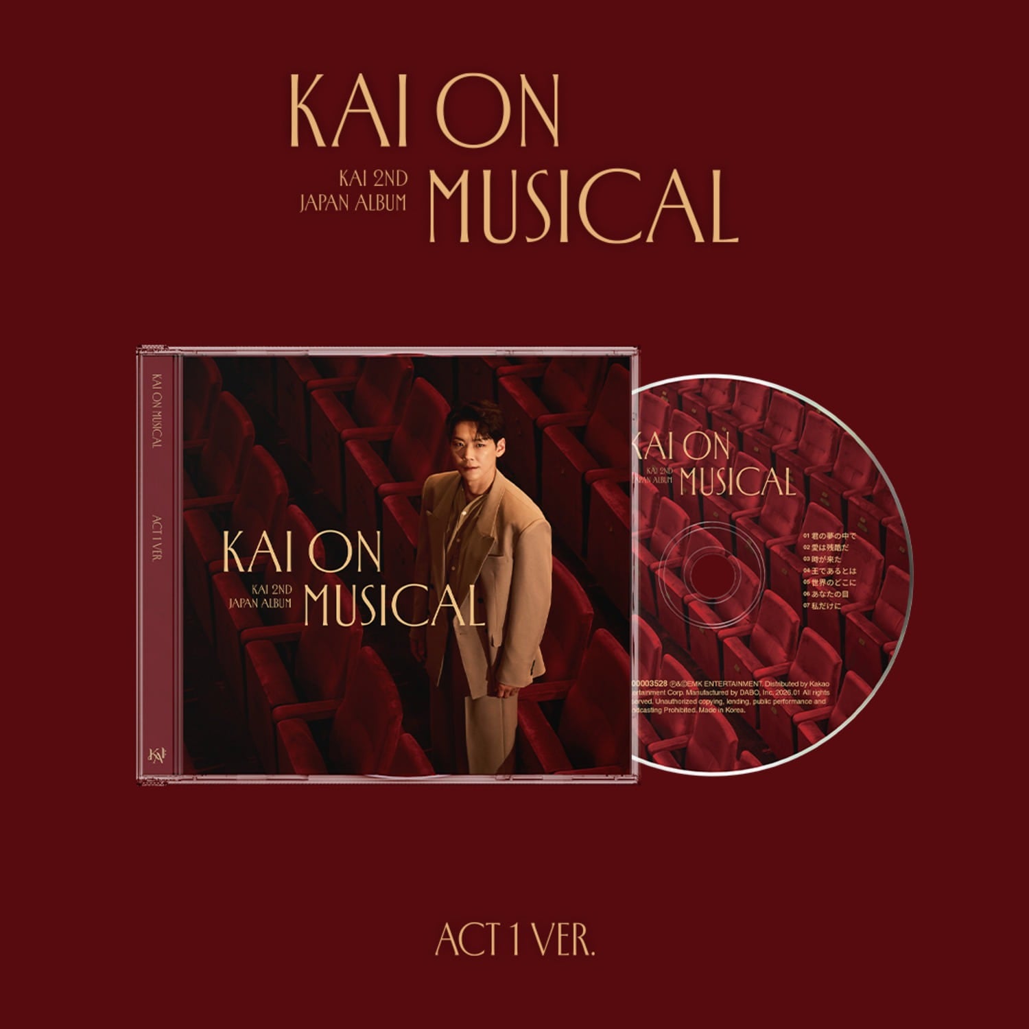 KAI - 2nd Album[KAI ON MUSICAL] (Act 1 ver.) (CD) - Album Kpop, jaquette rouge avec KAI en tenue, disque inclus.