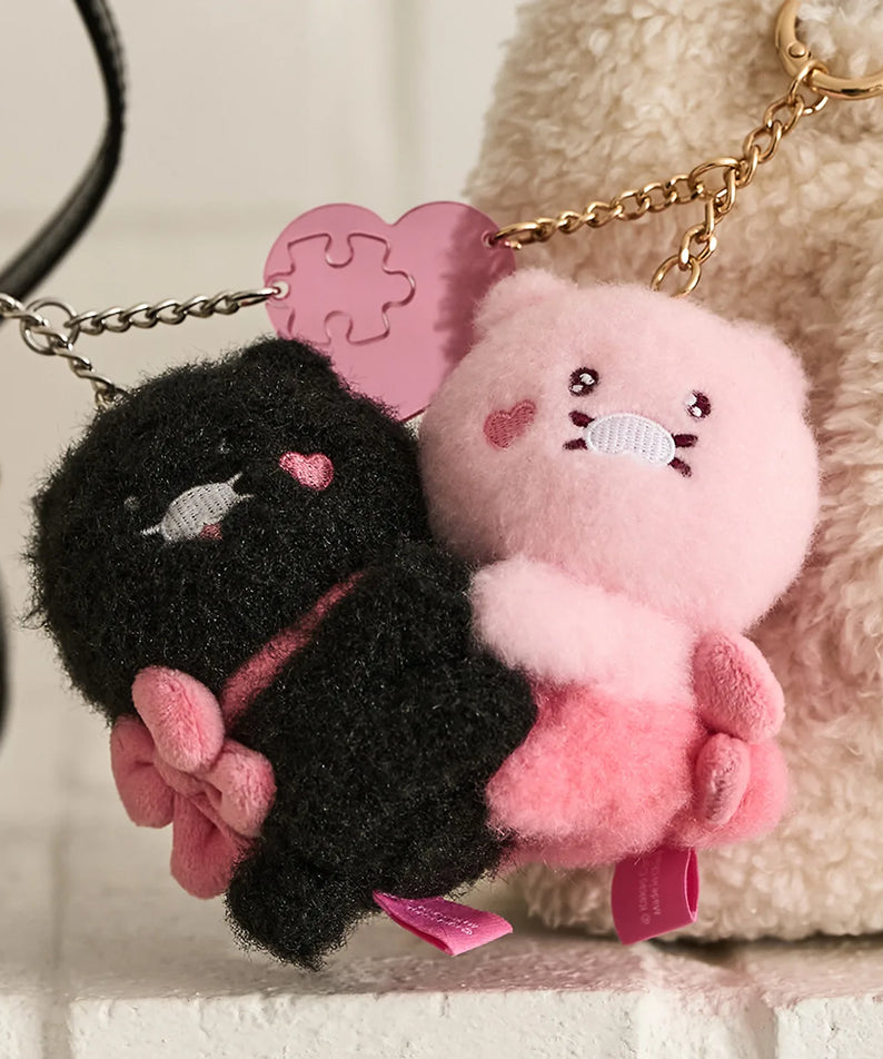 KAKAO FRIENDS Black Chun Magnet Keychain Doll Set : porte-clés magnets sur fond clair, Chun noir et Chun rose, style peluche.