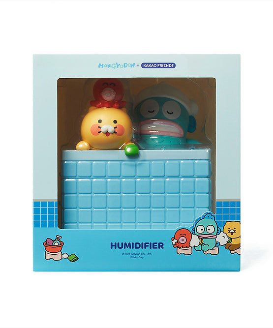 KAKAO FRIENDS  Hangyo-dong X Friends Humidifier Chunshik, humidificateur bleu en boîte, visuels personnages mignons, fond clair.