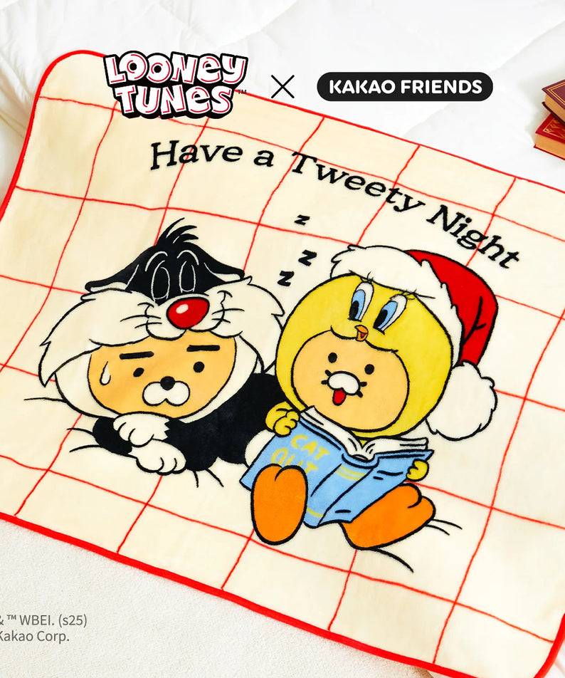 KAKAO FRIENDS  Looney Tunes X Friends Blanket Little Ryan & Baby Chunsik : couverture avec Looney Tunes sur tissu