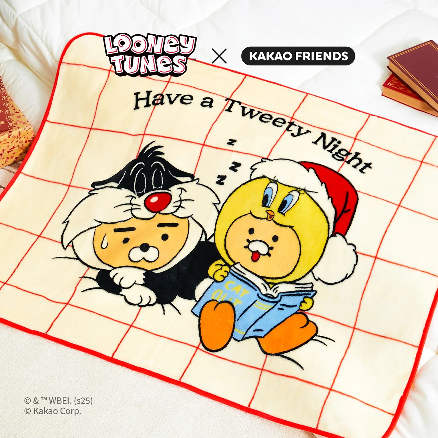 KAKAO FRIENDS  Looney Tunes X Friends Blanket Little Ryan & Baby Chunsik : couverture avec Looney Tunes sur tissu
