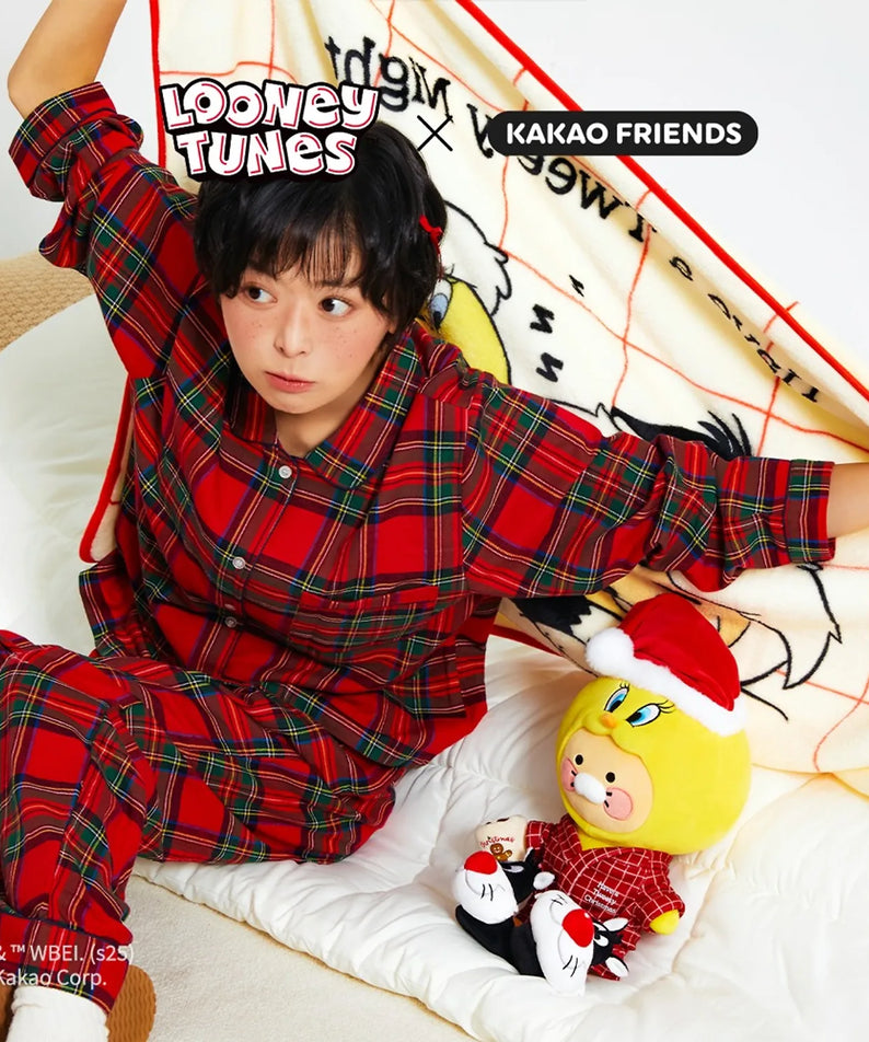 KAKAO FRIENDS  Looney Tunes X Friends Blanket Little Ryan & Baby Chunsik, couverture avec personnages, sur enfant, style dessin animé
