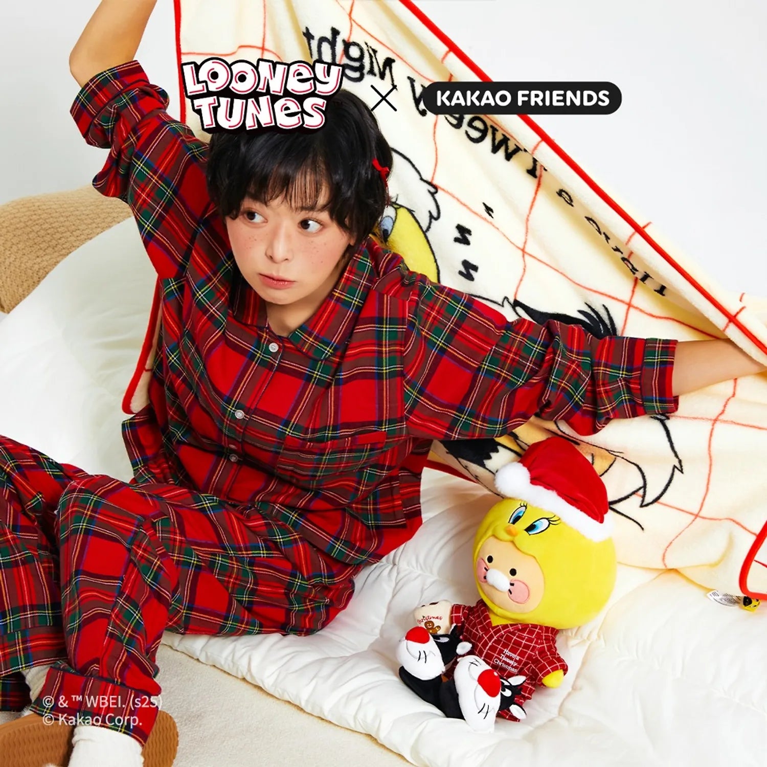 KAKAO FRIENDS  Looney Tunes X Friends Blanket Little Ryan & Baby Chunsik, couverture avec personnages, sur enfant, style dessin animé