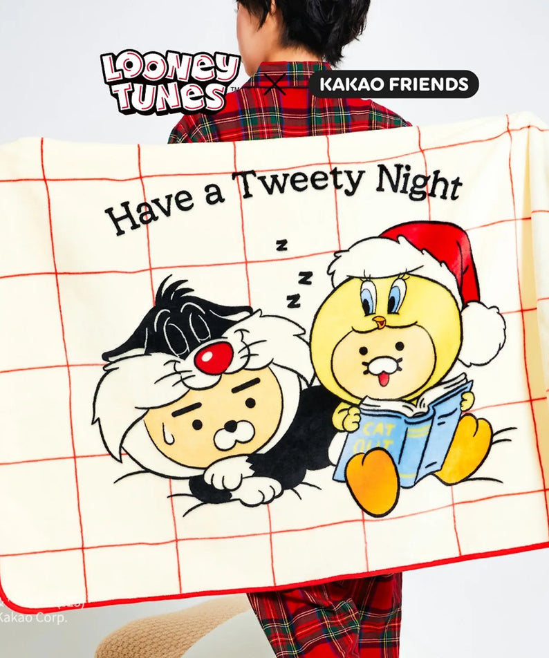 KAKAO FRIENDS  Looney Tunes X Friends Blanket Little Ryan & Baby Chunsik, couverture illustrée avec personnages Looney Tunes.