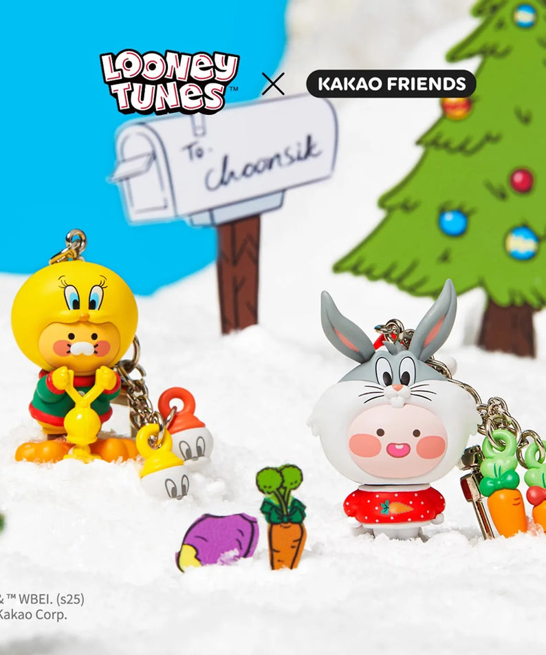 KAKAO FRIENDS  Looney Tunes X Friends Carrot Bugs Bunny Figure Keychain Little Apeach, porte-clés figurine décor neige