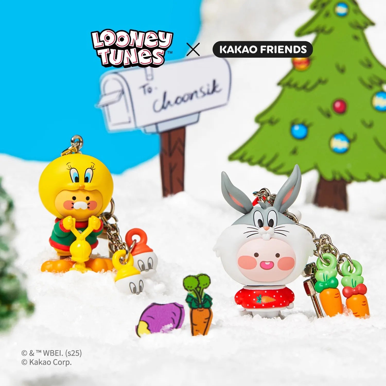 KAKAO FRIENDS  Looney Tunes X Friends Carrot Bugs Bunny Figure Keychain Little Apeach, porte-clés figurine décor neige