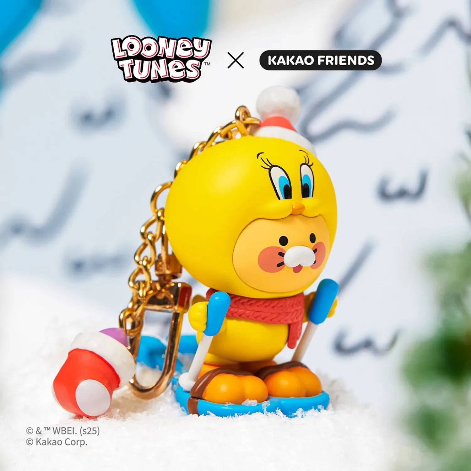 KAKAO FRIENDS  Looney Tunes X Friends Ski Tweety Figure Keychain Baby Chunsik : Tweety sur la neige, porte-clés.