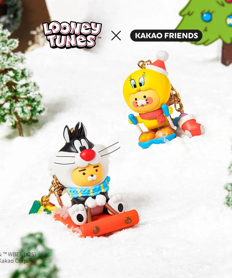 KAKAO FRIENDS  Looney Tunes X Friends Ski Tweety Figure Keychain Baby Chunsik, porte-clés en neige, personnages sur skis.