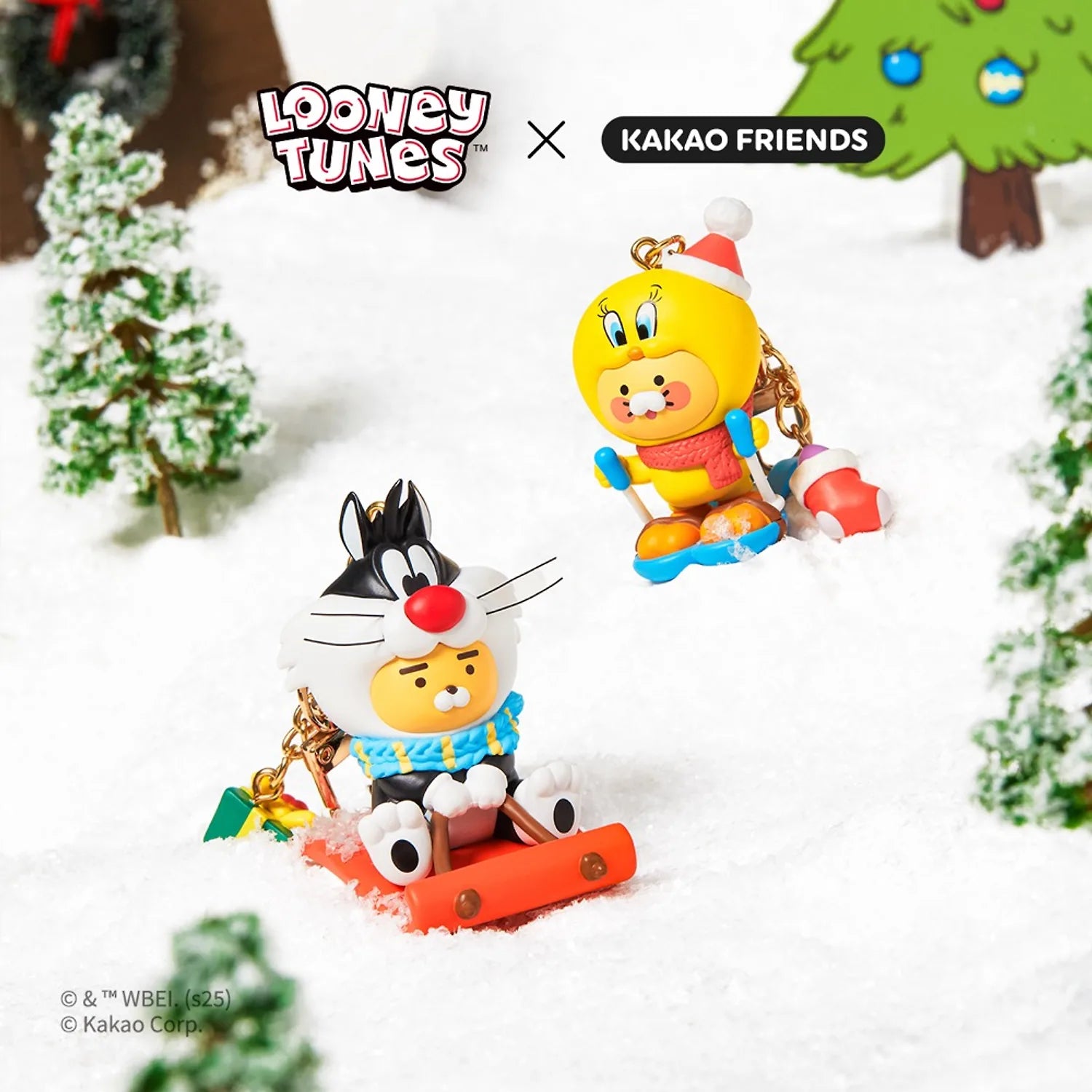 KAKAO FRIENDS  Looney Tunes X Friends Ski Tweety Figure Keychain Baby Chunsik, porte-clés en neige, personnages sur skis.