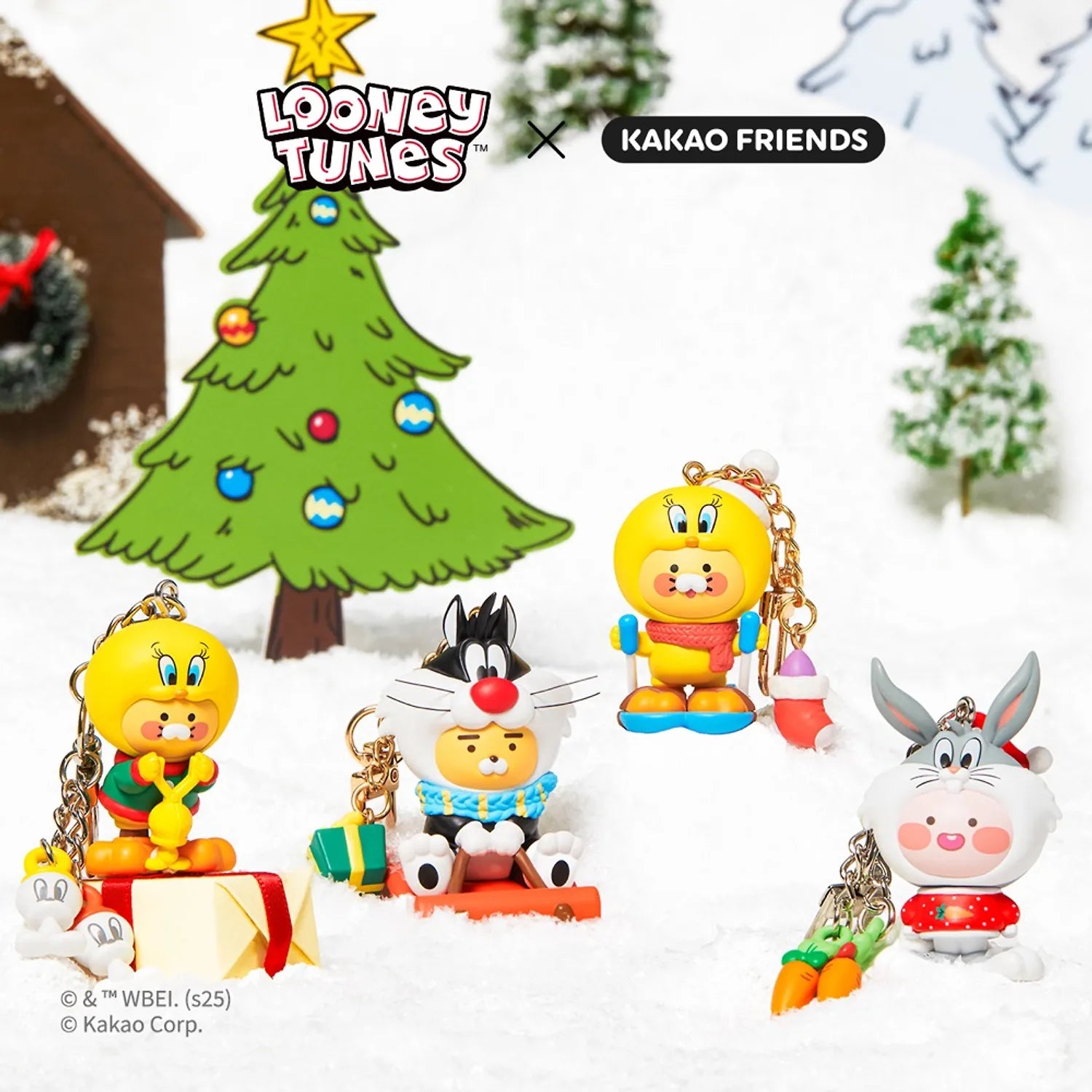 KAKAO FRIENDS  Looney Tunes X Friends Snow Duck Tweety Figure Keychain Baby Chunsik, figurines sur décor neigeux