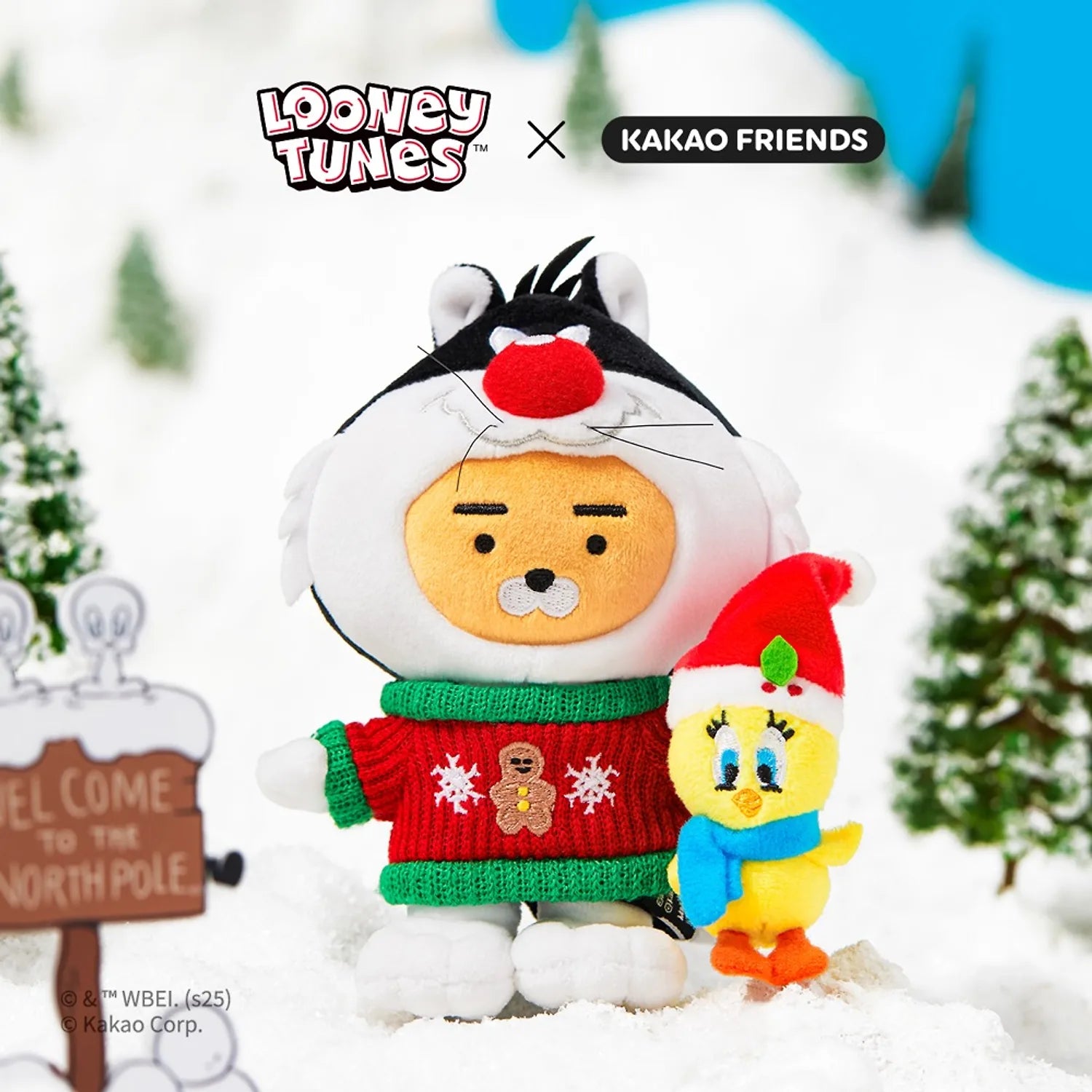 KAKAO FRIENDS  Looney Tunes X Friends Sylvester Keychain Doll Little Ryan, figurine porte-clés en peluche sur neige