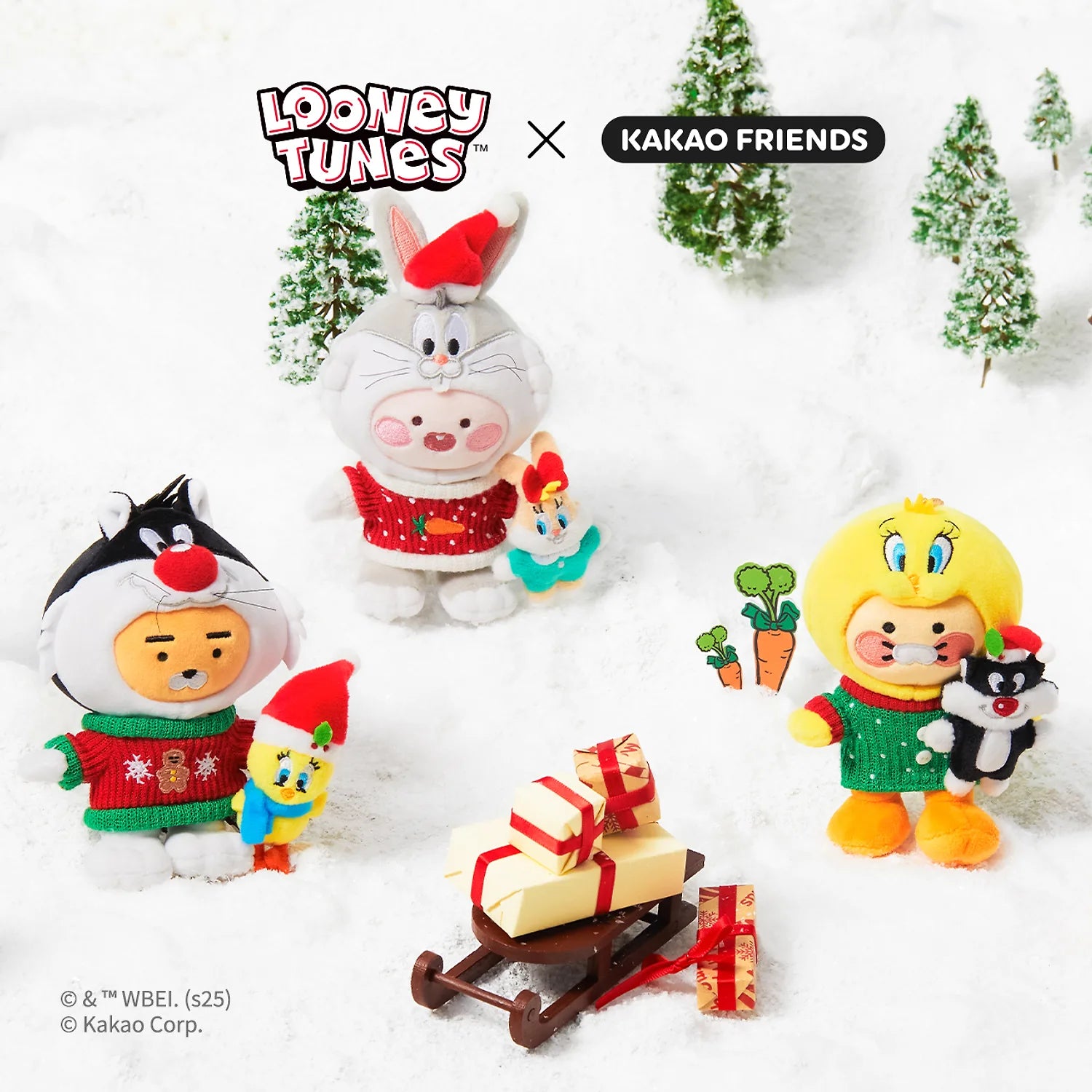 KAKAO FRIENDS  Looney Tunes X Friends Sylvester Keychain Doll Little Ryan, porte-clés en figurine dans décor enneigé
