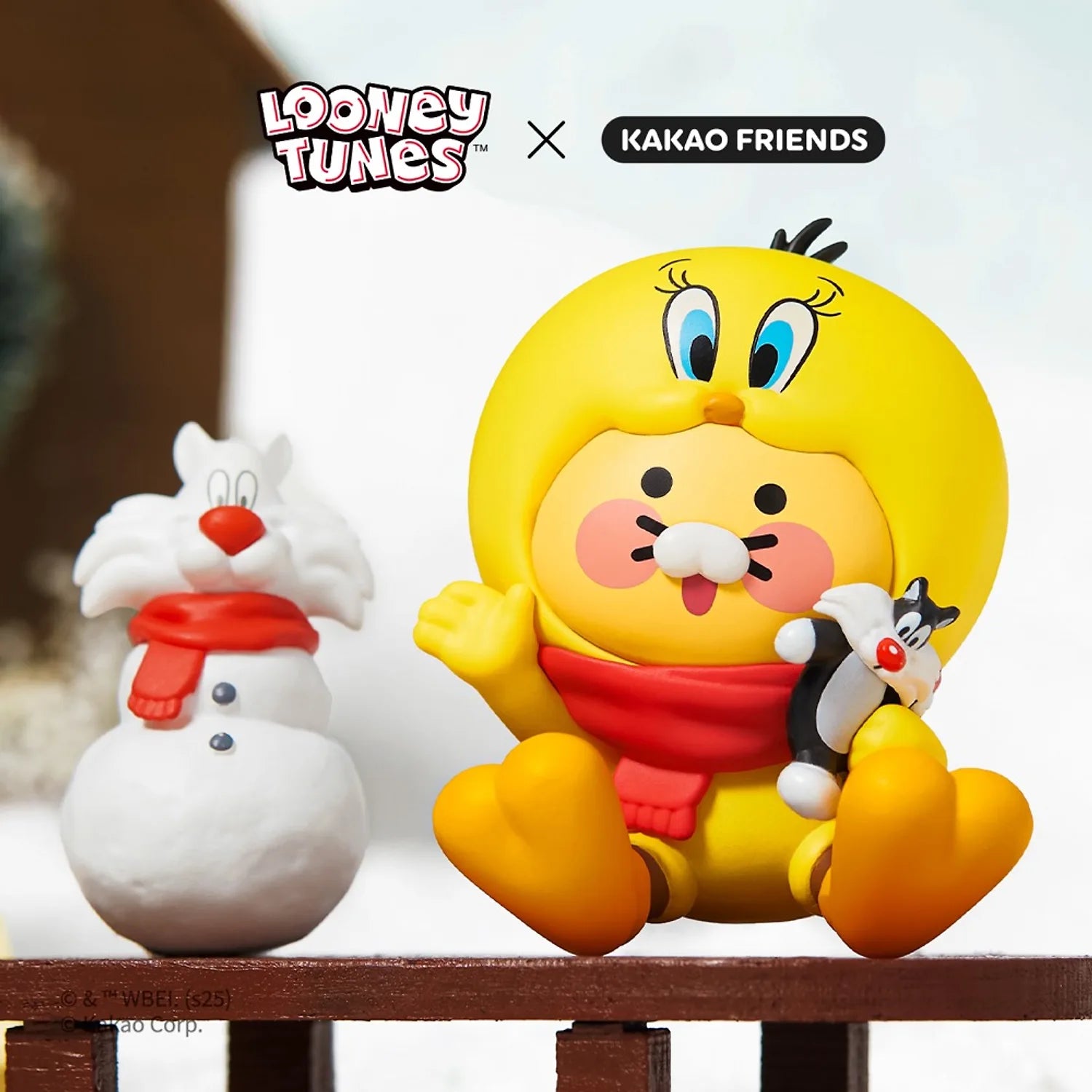 KAKAO FRIENDS  Looney Tunes X Friends Tweety Car Air Freshener & Figure Set Baby Chunsik, figurine Tweety et accessoires.