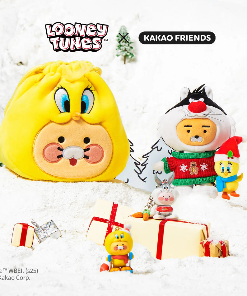 KAKAO FRIENDS  Looney Tunes X Friends Tweety Car Air Freshener & Figure Set Baby Chunsik, décor d’hiver neigeux avec figurines