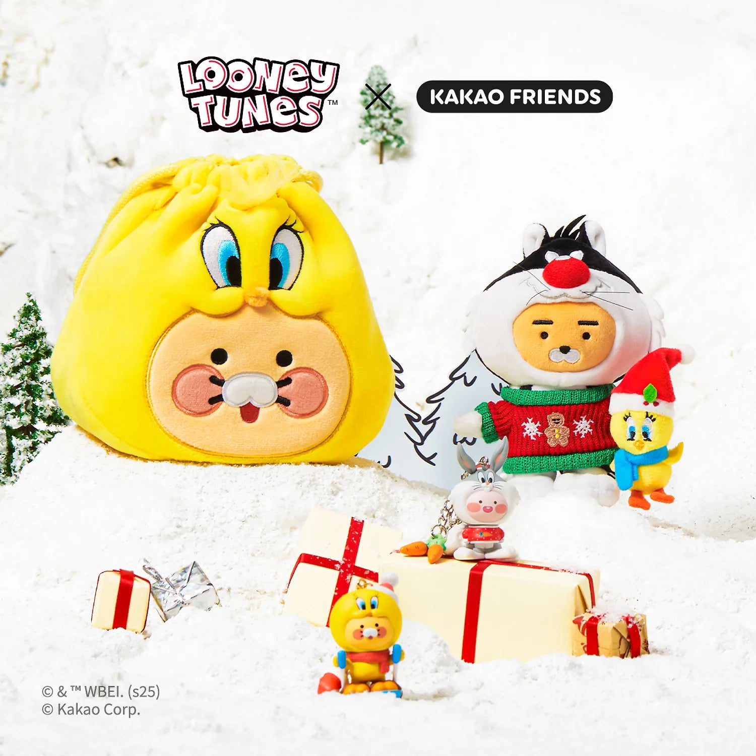 KAKAO FRIENDS  Looney Tunes X Friends Tweety Car Air Freshener & Figure Set Baby Chunsik, décor d’hiver neigeux avec figurines