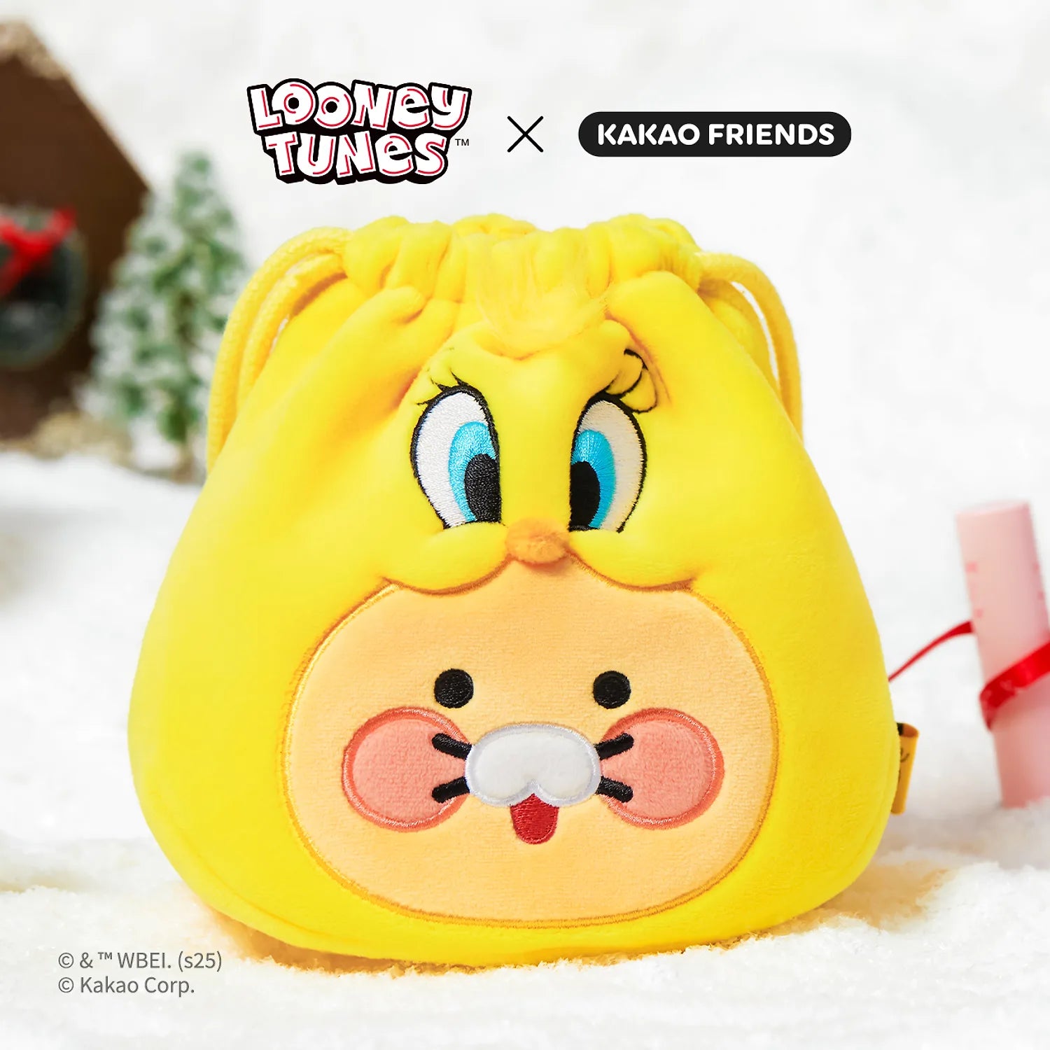 KAKAO FRIENDS  Looney Tunes X Friends Tweety Face Pouch Baby Chunsik, trousse jaune Tweety sur fond clair