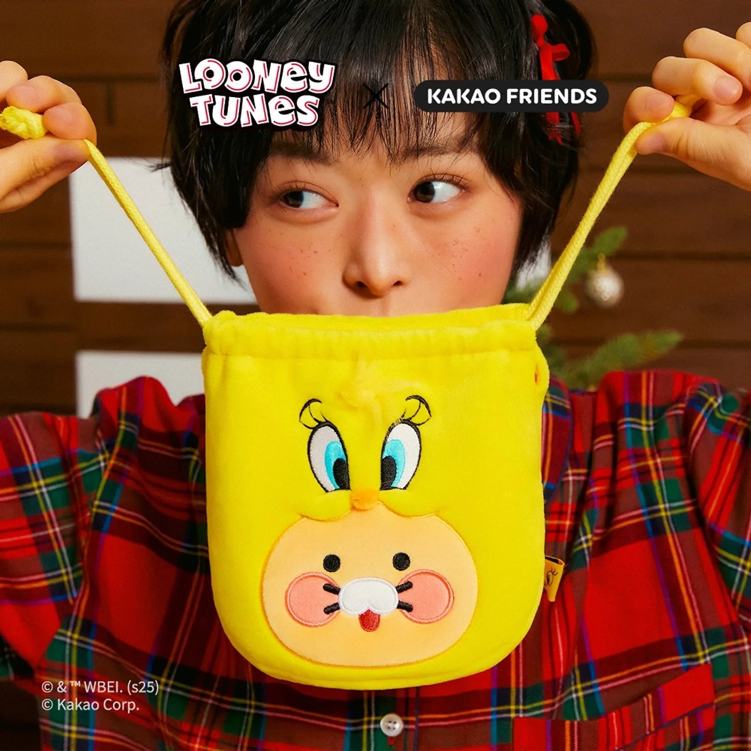 KAKAO FRIENDS  Looney Tunes X Friends Tweety Face Pouch Baby Chunsik, pochette jaune Tweety, enfant, style Looney Tunes.