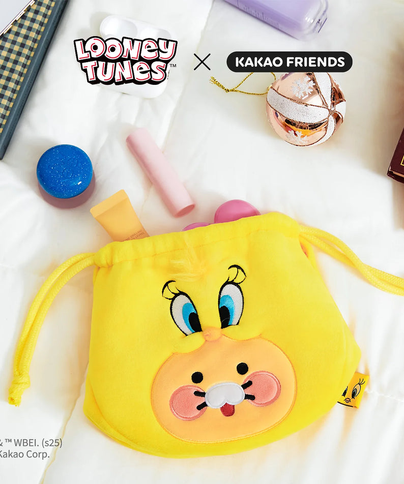 KAKAO FRIENDS  Looney Tunes X Friends Tweety Face Pouch Baby Chunsik : bourse jaune avec cordon et motif Tweety.