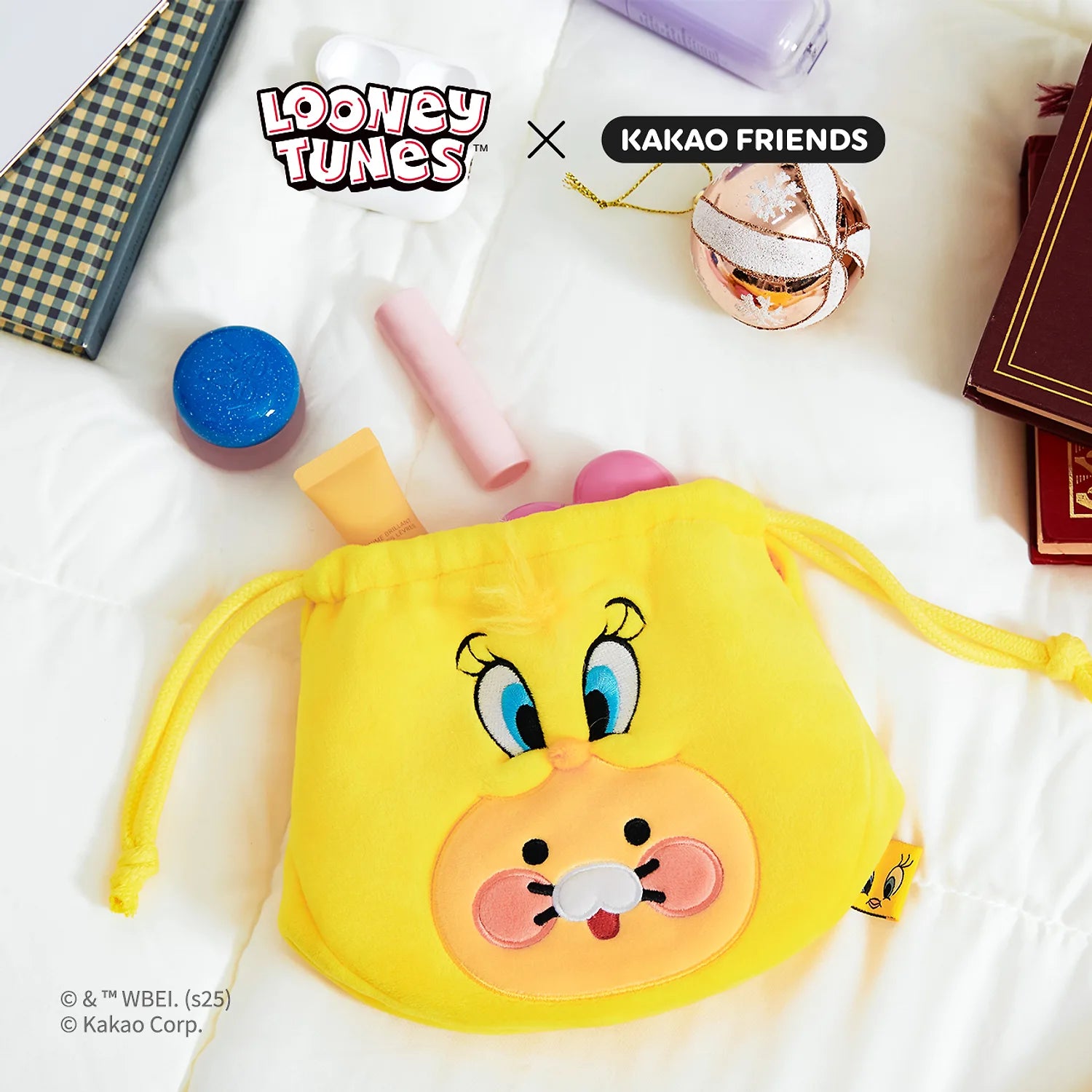 KAKAO FRIENDS  Looney Tunes X Friends Tweety Face Pouch Baby Chunsik : bourse jaune avec cordon et motif Tweety.