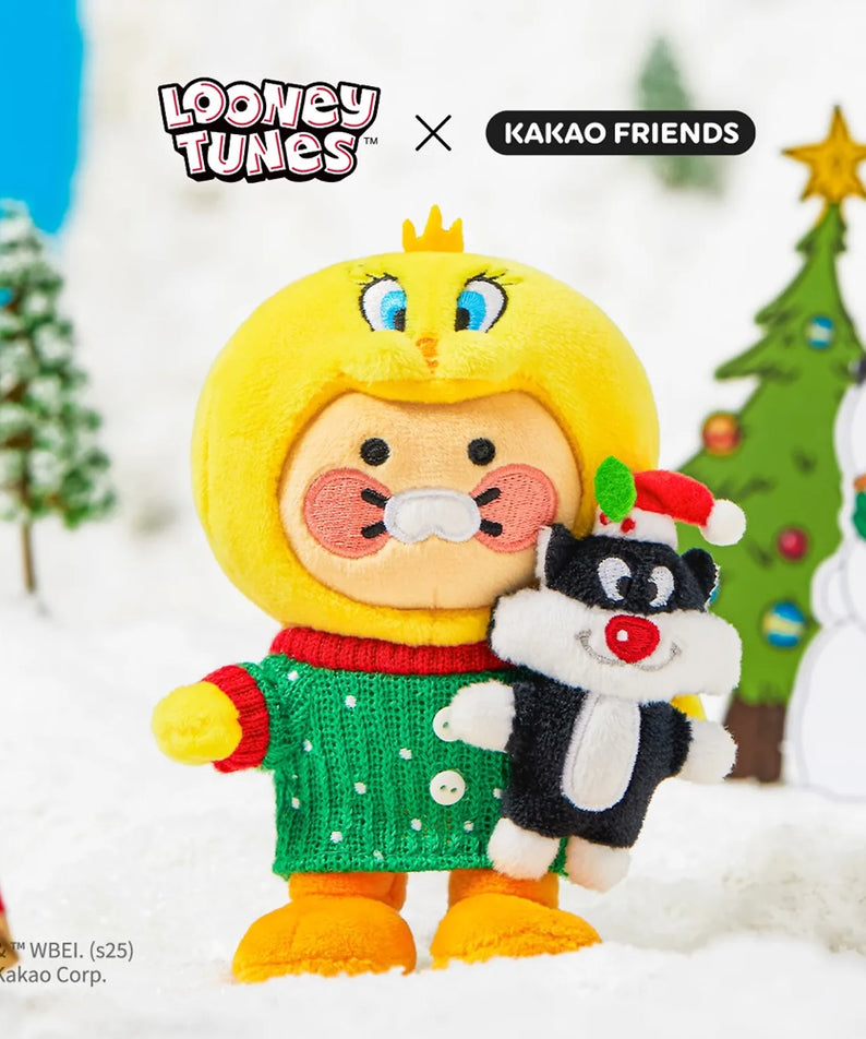 KAKAO FRIENDS  Looney Tunes X Friends Tweety Keychain Doll Baby Chunsik : porte-clés Tweety mignon, décor neige, marque KAKAO FRIENDS.