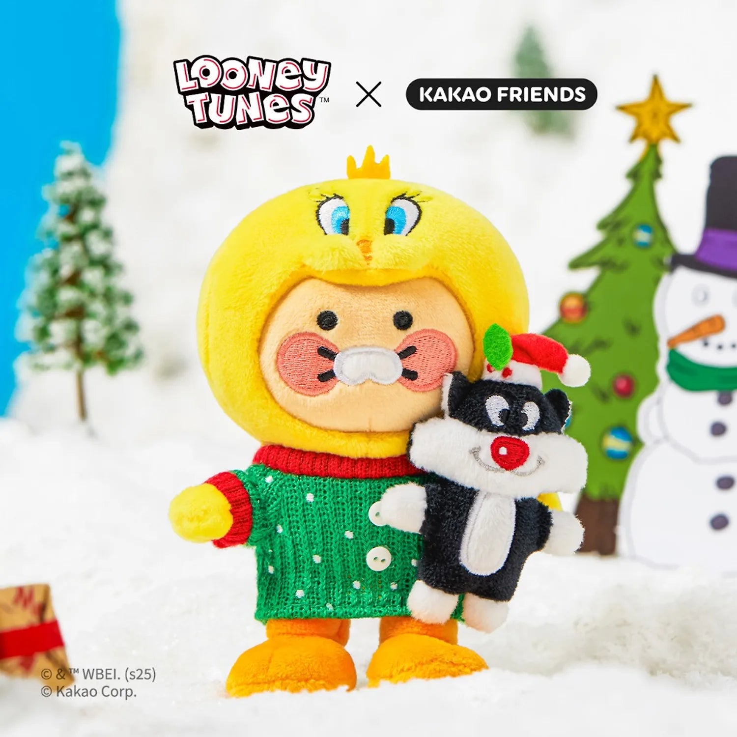 KAKAO FRIENDS  Looney Tunes X Friends Tweety Keychain Doll Baby Chunsik : porte-clés Tweety mignon, décor neige, marque KAKAO FRIENDS.