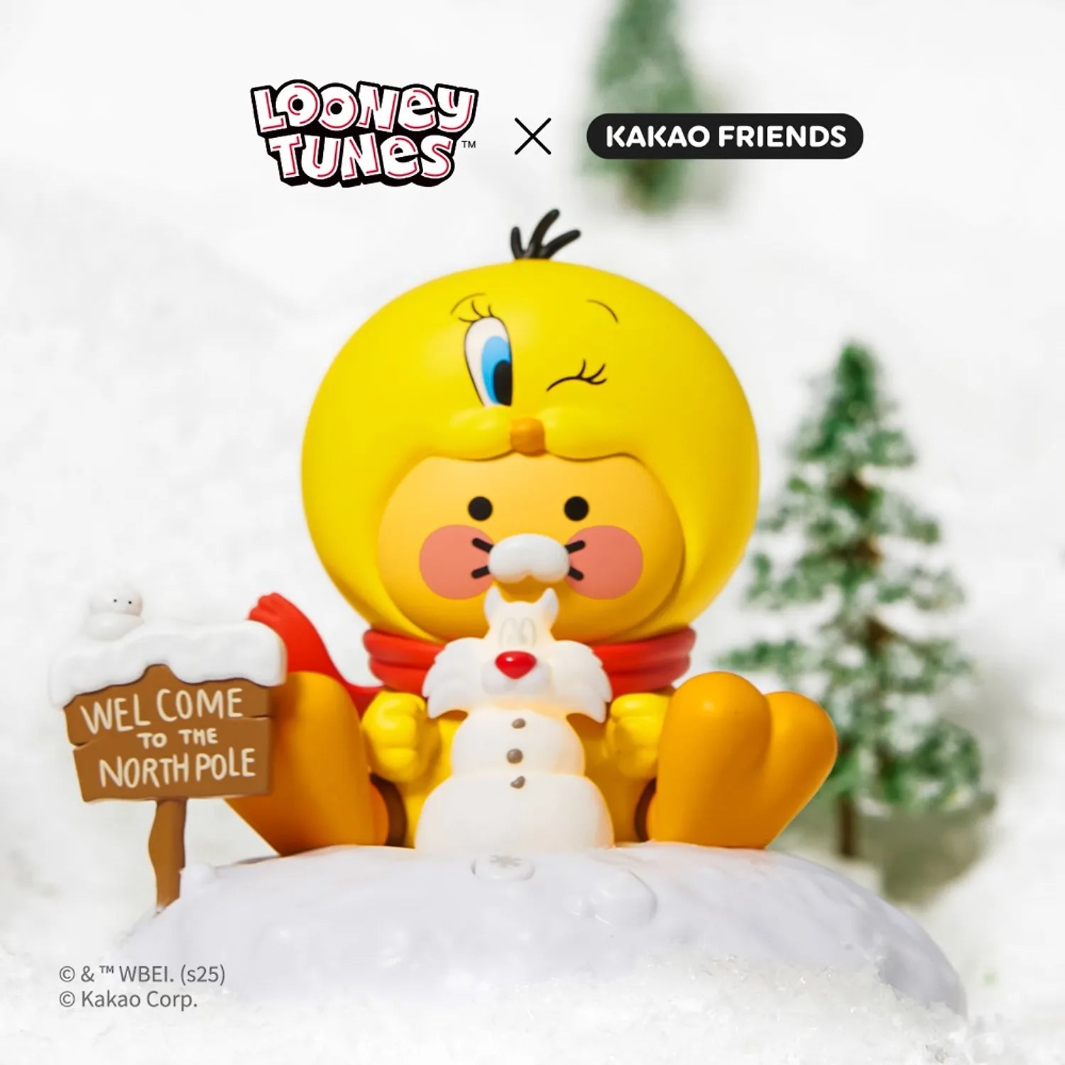 KAKAO FRIENDS  Looney Tunes X Friends Tweety Lighting Figure Baby Chunsik, figurine Tweety lumineuse dans la neige