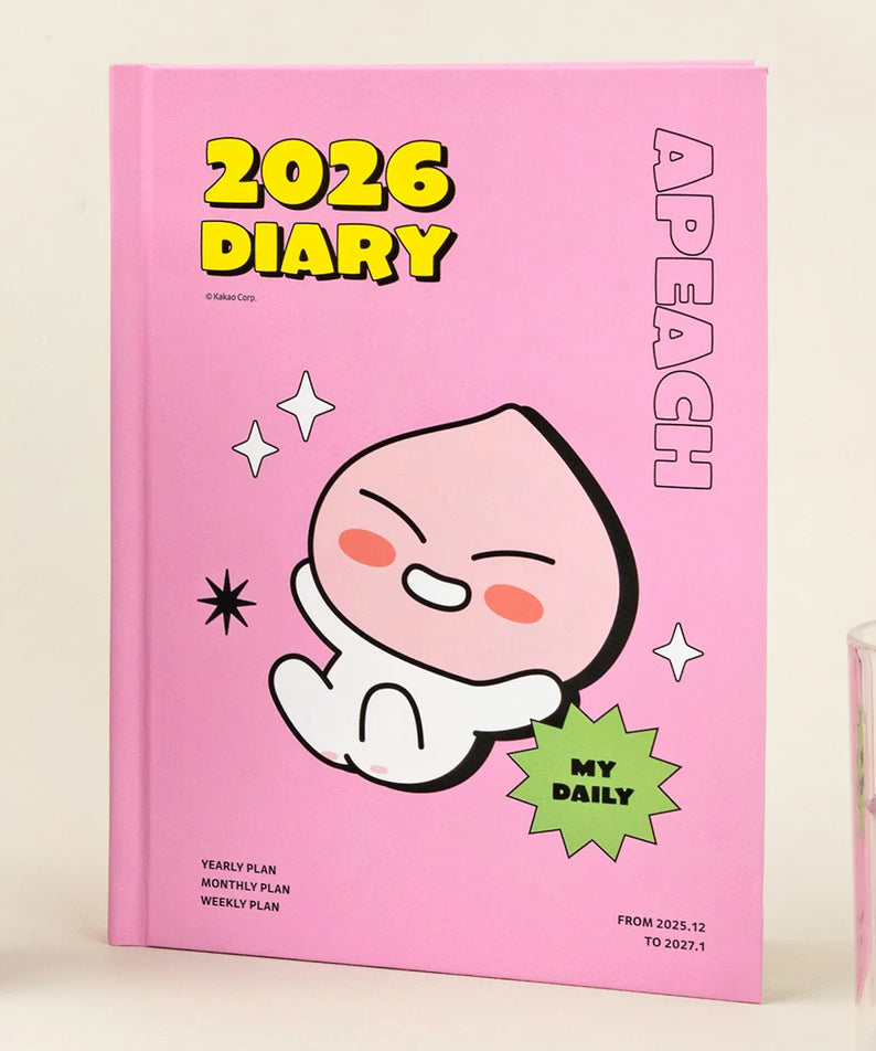KAKAO FRIENDS Planner 2026, agenda rose 2026 avec personnage; marque Kakao Friends, décor sur bureau