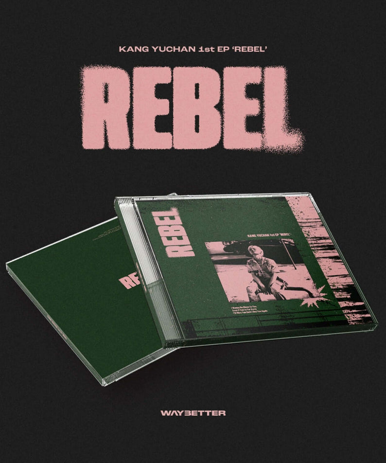 KANG YUCHAN - [REBEL] - Album Kpop : visuel noir et jaquette avec CD, pack promo WAYBETTER, fan Kpop en studio
