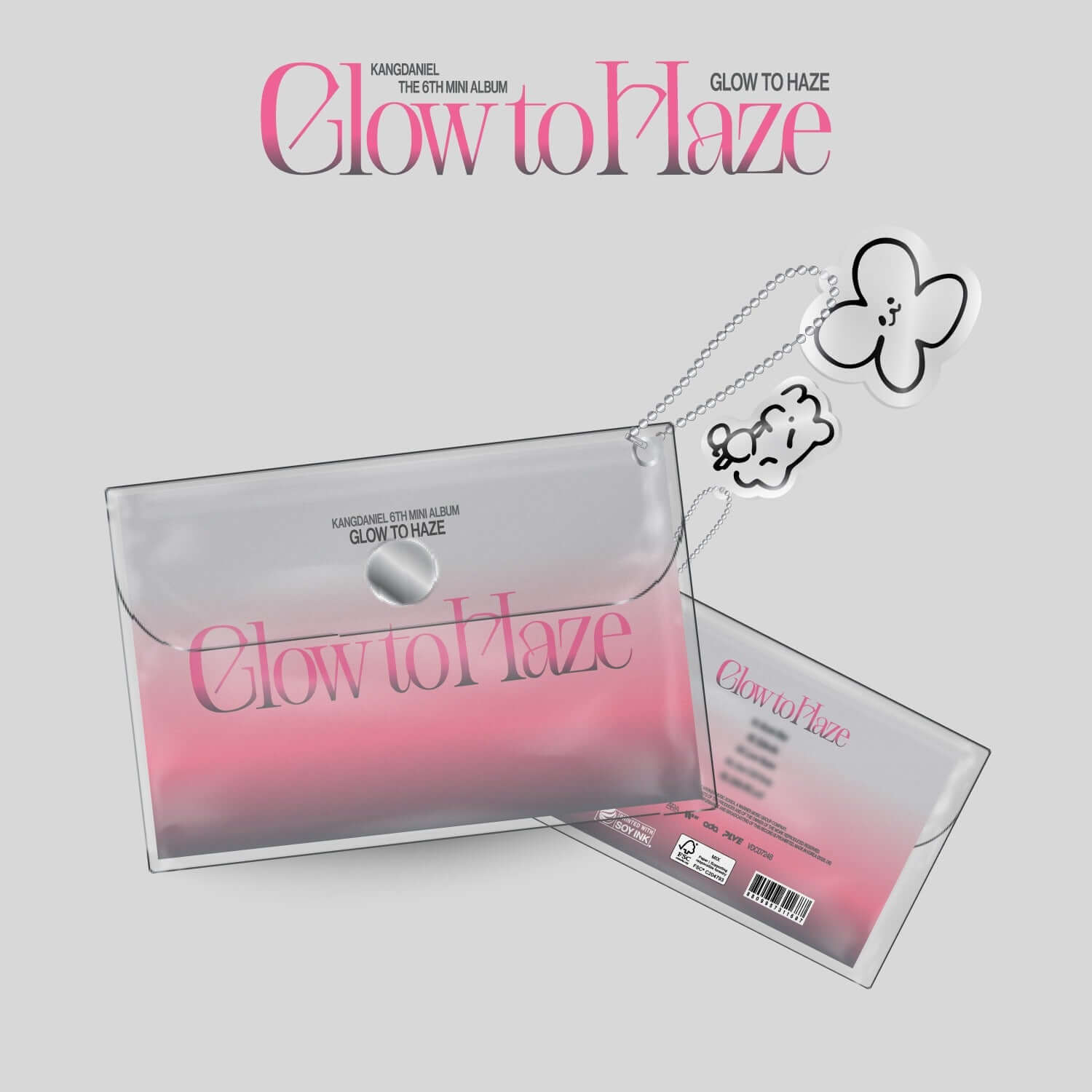 KANGDANIEL - [Glow to Haze] (PVC Pouch Ver.) - Album Kpop, pochette PVC transparente rose, visuel du disque et accessoires.