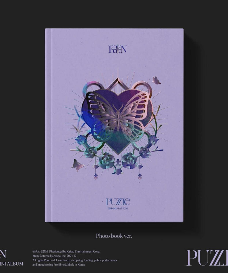 KEN - 2nd Album [PUZZLE] Photo book ver. - Album Kpop, couverture violette KEN, papillons et fleurs, photo book. 