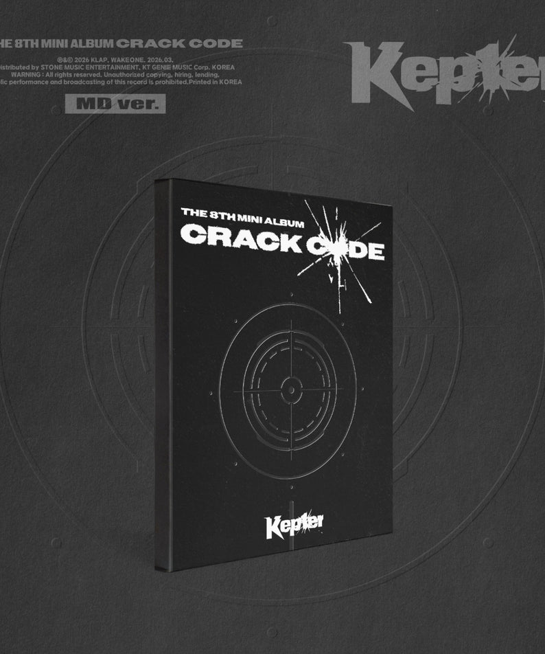KEP1ER - CRACK CODE (MD ver.) - Album Kpop par Kepler, couverture noire avec audio/target, visuel promotionnel.