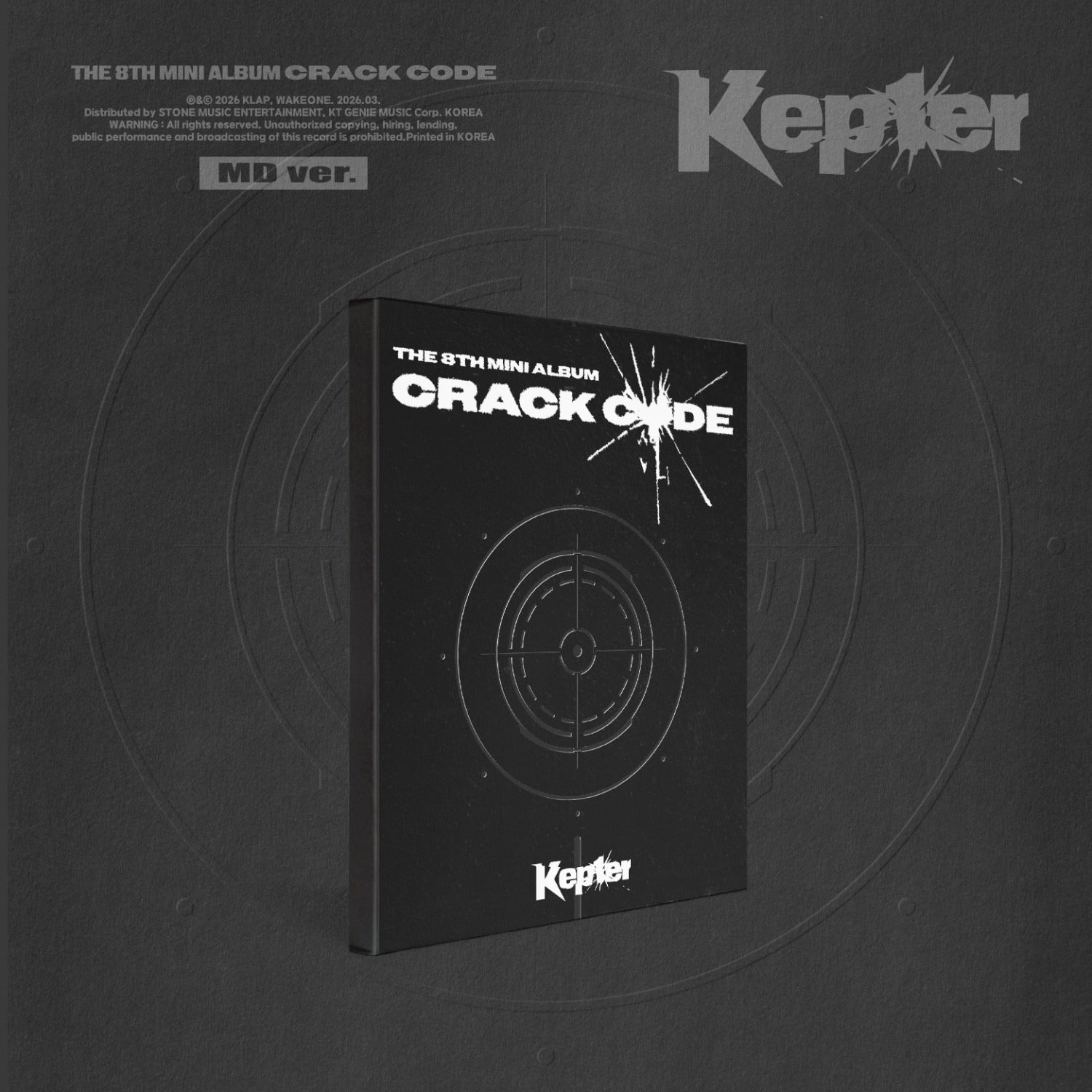 KEP1ER - CRACK CODE (MD ver.) - Album Kpop par Kepler, couverture noire avec audio/target, visuel promotionnel.