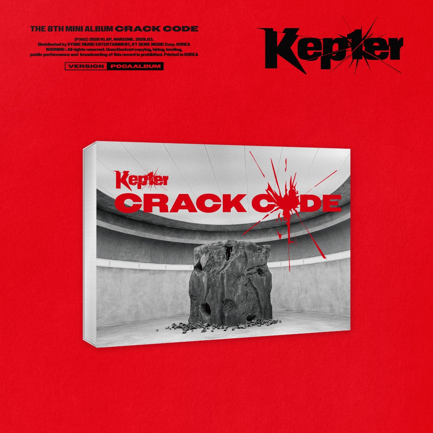 KEP1ER - CRACK CODE (POCAALBUM ver.) - Album Kpop, couverture rouge avec image Kepler Crack Code en explosion.