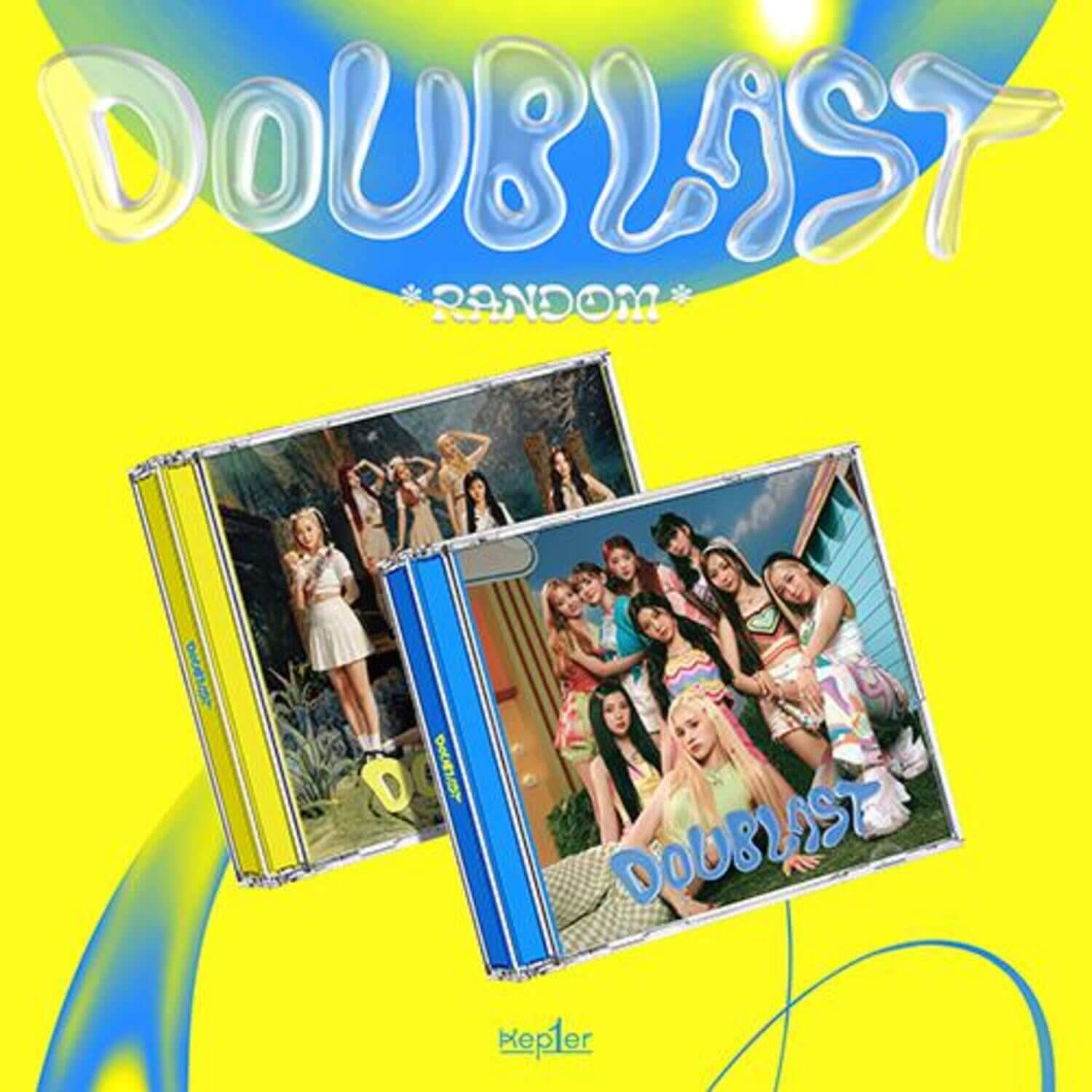 KEP1ER - [DOUBLAST]( ver. Random 1 of 2) - Album Kpop : cover colorée jaune/bleu avec photos du groupe