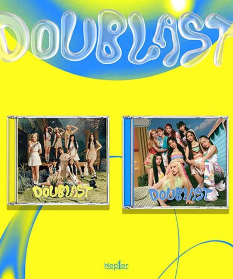 KEP1ER - [DOUBLAST]( ver. Set of 2) - Album Kpop : coffret Doubleast, deux CD sur fond jaune bleu, visuels KEP1ER