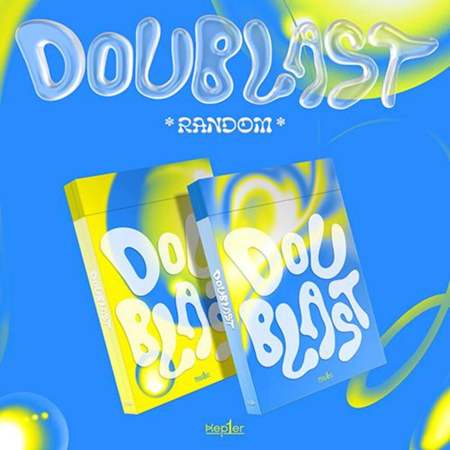 KEP1ER - [DOUBLAST](RANDOM ver.) - Album Kpop, visuel bleu avec pochettes holographiques, fan art stylisé.