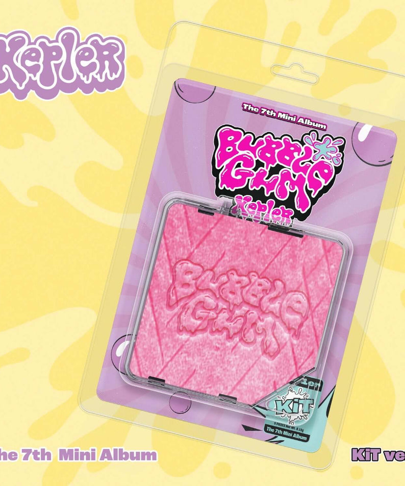 KEP1ER - The 7th Mini Album [BUBBLE GUM] (KiT ver.) - Album Kpop, visuel packaging rose sur fond jaune pastel.